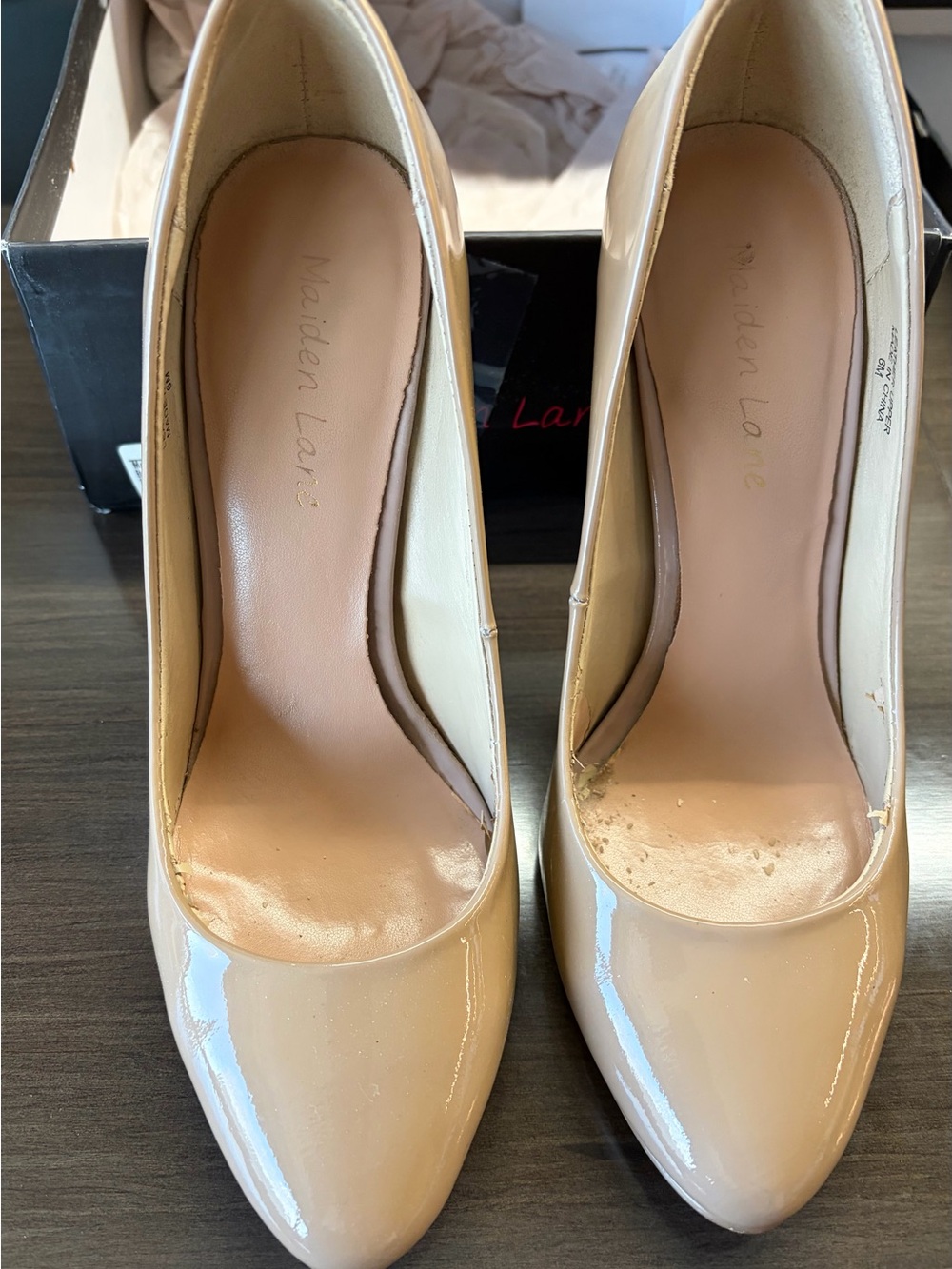 Nude Patent Leather Pumps - Gold Stilletos